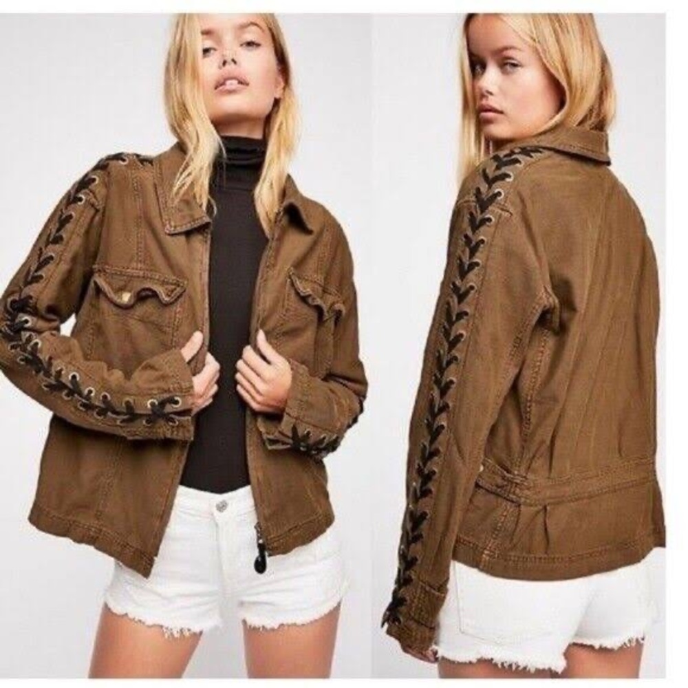 Free People Army Jacket in Olive with Cross Laced Sleeves